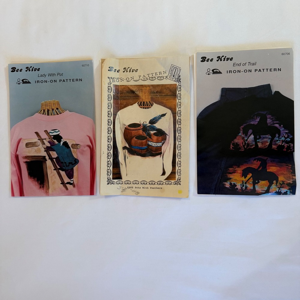 Bee Hive‎ Iron-On Pattern Lot Vintage Southwest Western Lady Pots End of Trail